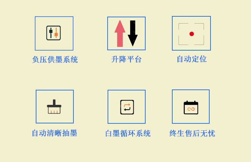9060uv萬能打印機采用的是負壓供墨系統(tǒng)，超強吸附平臺，噴頭加熱恒溫，自動清晰抽墨系統(tǒng)，白墨循環(huán)系統(tǒng)，以及終生售后無憂
